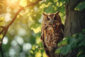 ai generiert Eule Sitzung auf das Baum im das Wald. foto