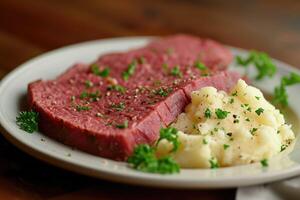 ai generiert corned Rindfleisch ist serviert mit püriert Kartoffeln. foto