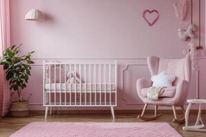 ai generiert einfach, Rosa Baby Schlafzimmer mit Kinderbett und Teppich. foto