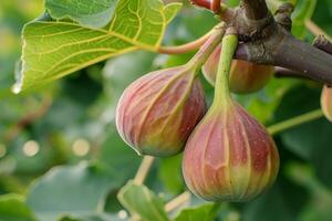 ai generiert Feige, oder Feige Baum, oder verbreitet Feige Baum Ficus Carica ist ein subtropisch laubabwerfend Pflanze von das Gattung Ficus von das Maulbeere Familie. Feigen auf ein Ast foto