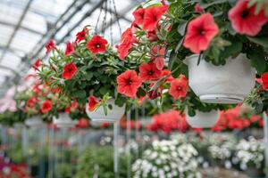 ai generiert groß Glas Gewächshaus mit rot Blumen Innen- und Anbau Pflanzen. foto