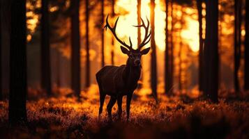 ai generiert Silhouette von ein rot Hirsch Hirsch im das Wald beim Sonnenuntergang. foto