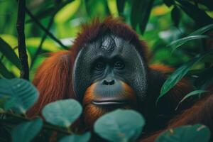 ai generiert ein Bild von ein Orang-Utan im ein Dschungel. foto