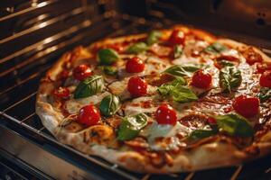 ai generiert lecker hausgemacht Pizza Kochen im ein Ofen beim heim. foto