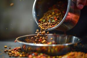 ai generiert Gießen Haustier Essen in ein Schüssel. foto