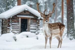 ai generiert Hirsch im Winter Wald gegen das Hintergrund von ein schneebedeckt Wald Hütte. foto