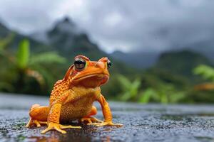 ai generiert Frosch beim das Natur Schwimmbad im Grün tropisch Wald zeigen reichlich Natur foto