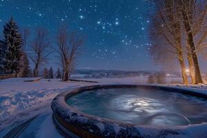 ai generiert das warm heiß Wanne lädt ein Sie zu entspannen im das schön Winter Landschaft unter das Sterne. foto