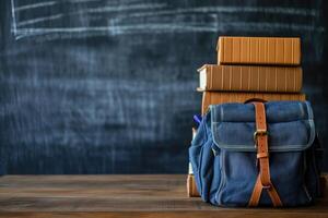 ai generiert Schule Tasche und Lehrbücher im Vorderseite von ein Tafel auf ein Schule Schreibtisch. zurück zu Schule Konzept. foto