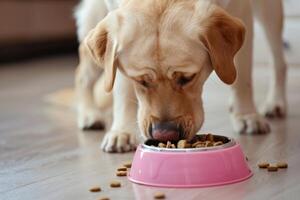 ai generiert süß Labrador Essen trocken Essen von Schüssel. foto