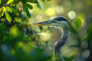 ai generiert selektiv Fokus Schuss von ein schön großartig Blau Reiher. foto