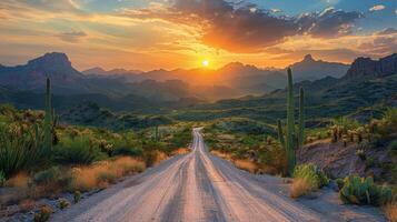 ai generiert Schmutz Straße führen zu Berge foto