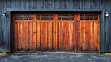 ai generiert hölzern Garage Tür im Vorderseite von Haus foto