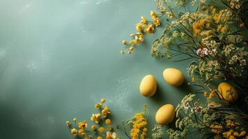 ai generiert Grün Hintergrund mit Gelb und Weiß Eier und Blumen foto