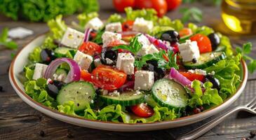 ai generiert Teller von Salat mit Tomaten, Gurke, Oliven, und Feta foto