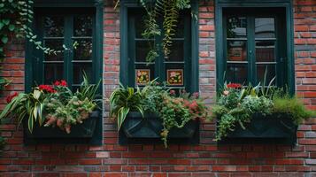 ai generiert Fenster Kisten mit Pflanzen auf das Seite von ein Backstein Gebäude foto