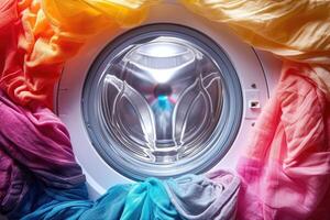 ai generiert Waschen Maschine mit Farbe Kleider innen. foto
