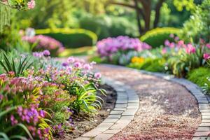 ai generiert schön Landschaftsbau mit schön Pflanzen und Blumen. foto