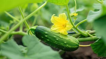 ai generiert jung Pflanze Gurke mit Gelb Blumen. saftig frisch Gurke Nahansicht Makro auf ein Hintergrund von Blätter. foto