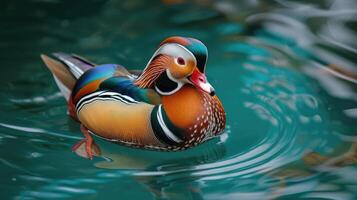 ai generiert Nahansicht von Mandarin Ente Schwimmen im Wasser foto