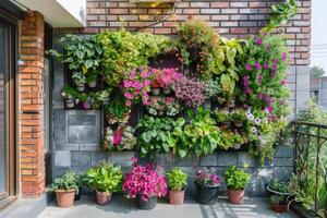 ai generiert Terrasse und Balkon Grün. Gardens auf das Wände foto