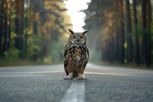 ai generiert Eule Stehen auf das Straße in der Nähe von Wald beim früh Morgen oder Abend Zeit. Straße Gefahren, Tierwelt und Transport. foto