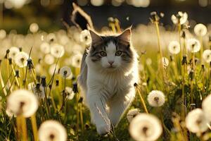 ai generiert Katze Laufen durch Feld von Löwenzahn. foto