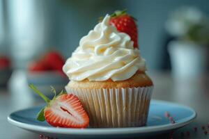 ai generiert lecker Cupcake mit cremig Belag und Scheibe von Erdbeere auf das Spitze, Süss Büfett. foto