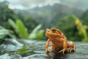 ai generiert Frosch beim das Natur Schwimmbad im Grün tropisch Wald zeigen reichlich Natur foto