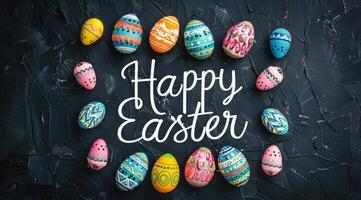 ai generiert glücklich Ostern Text mit schön bunt Eier. foto
