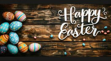 ai generiert glücklich Ostern Text mit schön bunt Eier Über rustikal Holz. foto