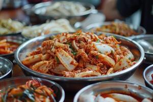 ai generiert würzig Koreanisch fermentiert Essen Kimchi. Koreanisch traditionell Essen foto