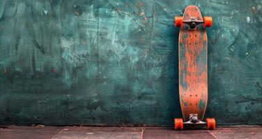 ai generiert Skateboard gelehnt gegen Blau Mauer foto