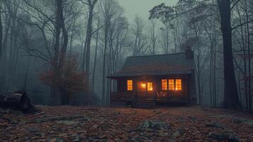 ai generiert Kabine im das Wald beim Nacht mit Sterne foto