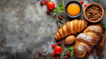 ai generiert frisch Croissants, Eier, und andere Lebensmittel auf Tabelle foto