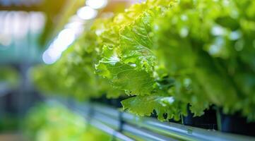 ai generiert frisch belaubt Grüns Grüner Salat Salat auf Regal im Garten Center. foto