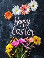 ai generiert glücklich Ostern Text mit schön bunt Blumen Strauß. foto