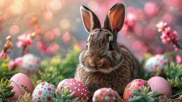 ai generiert Hase Sitzung im Feld von Blumen foto