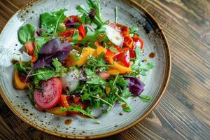 ai generiert Licht Sommer- frisch Salat mit bunt Pfeffer. Vegetarier Essen foto