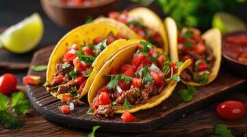 ai generiert Mexikaner Tacos mit Rindfleisch im Tomate Soße und Salsa. foto