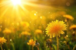 ai generiert Gelb Löwenzahn Blumen mit flach Fokus Sein überflutet mit warm Sonnenlicht. foto