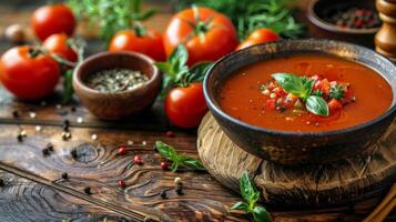 ai generiert Schüssel von Tomate Soße umgeben durch Tomaten und Kräuter foto