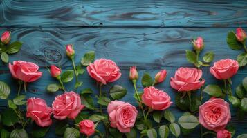 ai generiert Bündel von Rosa Rosen auf Blau hölzern Hintergrund foto