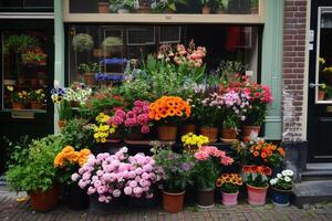 ai generiert ein Blume Geschäft, schön bunt Blumen draussen. foto