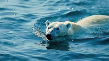 ai generiert Polar- Bär Schwimmen im das Blau Artikel Ozean auf ein klar sonnig Tag foto