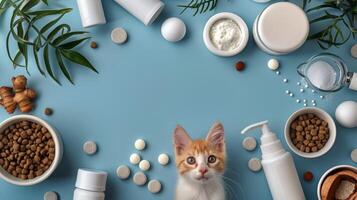 ai generiert Katze Sitzung Nächster zu Tabletten und Lotion foto