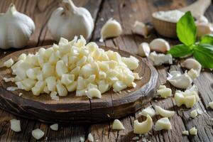 ai generiert frisch geschält Knoblauch Nelken auf alt hölzern Hintergrund. foto