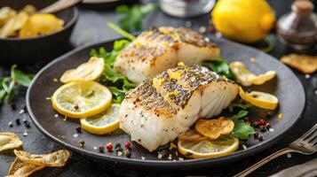 ai generiert Filet von Fisch und Salat auf ein Teller foto