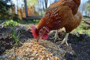 ai generiert Hähnchen isst Futter und Korn beim Öko Hähnchen Bauernhof foto