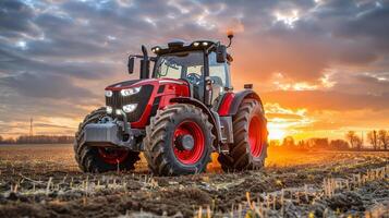 ai generiert Traktor geparkt im schlammig Feld foto